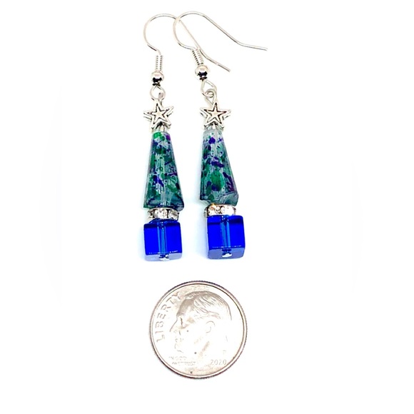 Royal Blue Forest Green Purple Splash Clr Glass Crystal Christmas Tree Earrings - Picture 4 of 4